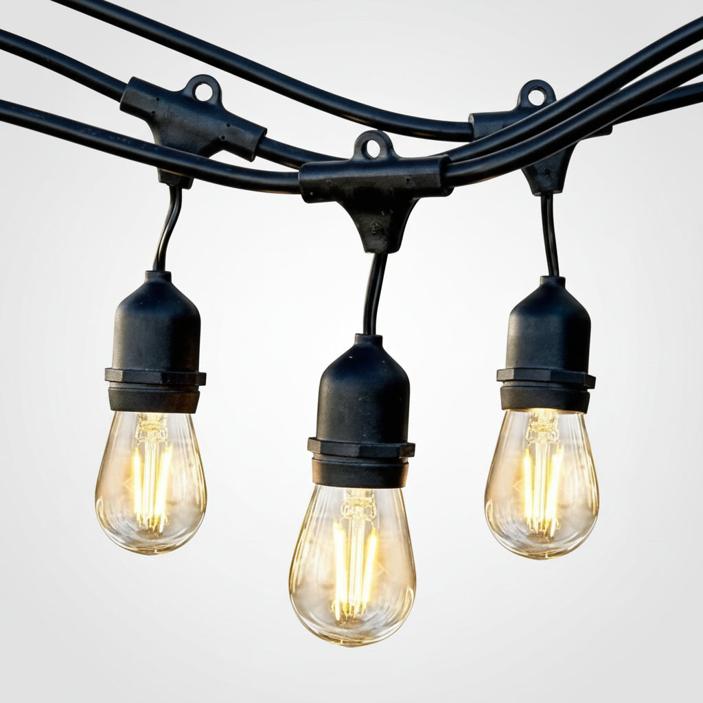 Waterproof LED outdoor string lights with vintage Edison bulbs